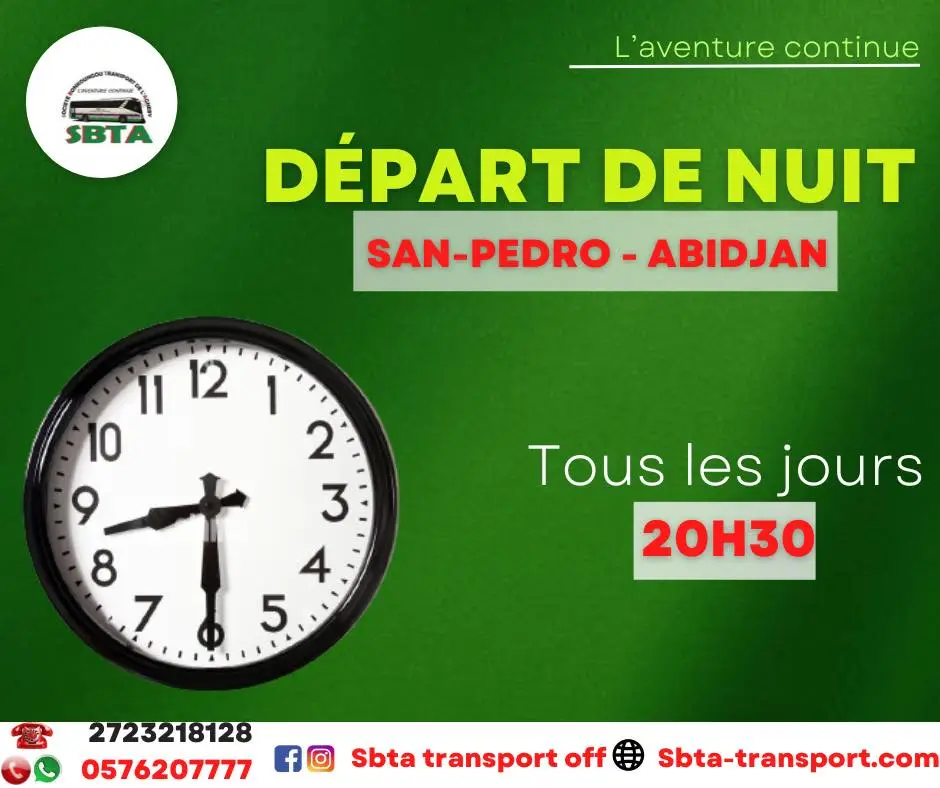 Départ de nuit San-Pedro - Abidjan tous les jours,SBTA